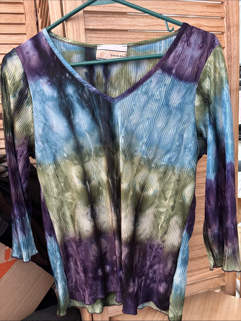 Carrie Allen V-Neck Tie-Dye Long Sleeve Top - Blue, Green, Purple Small